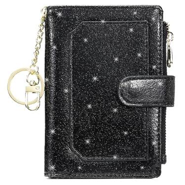 Imagem de Carteira feminina RFID pequena compacta de couro dobrável com bolso com zíper, Glitter preto, Pequeno