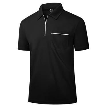 Imagem de ZITY Camisa polo masculina, casual, clássica, leve, de manga curta, gola de golfe com bolso, Preto, GG