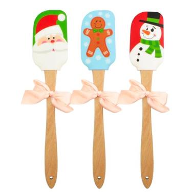 Imagem de Espátula de silicone, conjunto de espátula de silicone Caliamary 3 peças, espátula decorativa de bolo de Natal com alça de madeira, estampa de homem de neve e Papai Noel, 3
