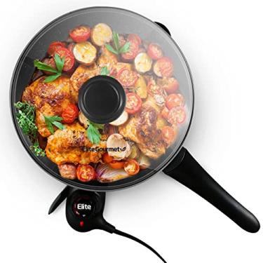 Imagem de Elite Gourmet EG6207 PFOA-Free 26,6 cm/2Qt Fry Pan, resistente a arranhões, bico fácil de despejar, lavável na lava-louças, fácil de limpar, frigideira elétrica antiaderente com tampa ventilada de vidro, sonda de liberação de gatilho