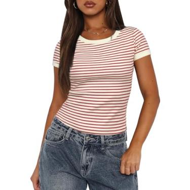 Imagem de Darong Camiseta feminina de verão, manga curta, gola redonda, listrada, caimento justo, malha canelada, Listra de ferrugem bege, PP