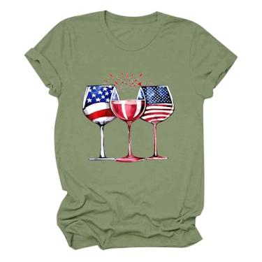 Imagem de Camisetas femininas PKDong de 4 de julho com gola redonda, manga curta, dia independente, estampada, taças de vinho, camisetas de verão 2024, Verde menta, P
