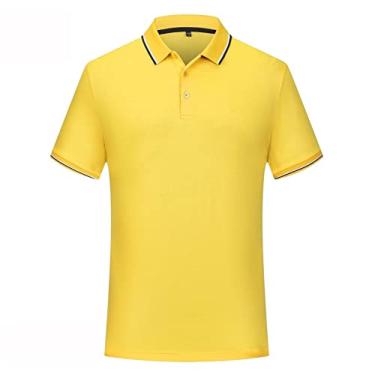Imagem de Polos de desempenho masculino poliéster cor sólida listrado gola tênis camiseta ajuste regular leve magro ajuste esporte moda(Color:Yellow,Size:XL)