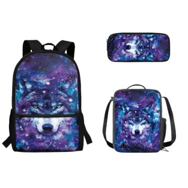 Imagem de Spowatriy Starry Sky Wolf Conjunto de mochila 3 em 1 com lancheira, estojo de lápis, mochila leve para livros para pré-escola, ensino fundamental, meninos e meninas, mochila de 43 cm, grande