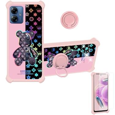 Imagem de jioeuinly Capa para Motorola G14 compatível com Moto G14 [com protetor de tela de vidro temperado][suporte de anel][luz refletora colorida] IMDF-JXX