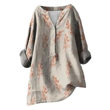 Imagem de Camiseta feminina de linho extragrande, estampa floral, blusa moderna, com botões, gola V, caimento solto, tops para sair, Cinza, GG
