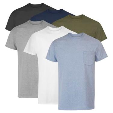 Imagem de Hanes Camiseta masculina de algodão com bolso, absorção de umidade com controle de odor, sortida, pacote com 6, Cinza mesclado, preto, verde para trilhas, branco, azul-marinho, azul mesclado, XXG