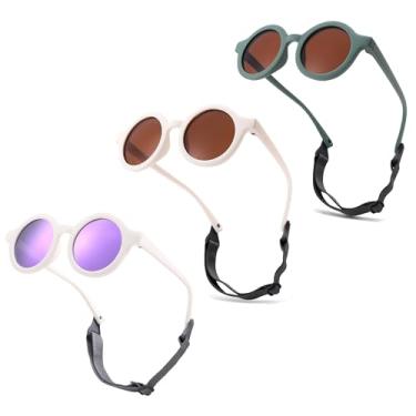 Imagem de LIU·WEN Óculos de sol redondos fofos para bebês polarizados, pacote com 3 - armação flexível com alça para bebês recém-nascidos de 0 a 24 meses, A2 branco/marrom + verde/marrom + branco/roxo