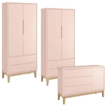 Imagem de Cômoda com Porta e 2 Peças Guarda Roupa Infantil New Classic Rosa com Pés Madeira Natur...