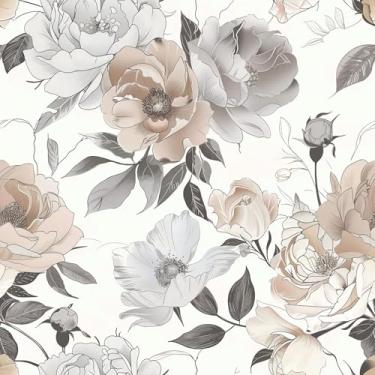 Imagem de Papel de parede vintage rosa cinza folha descascar e colar pálido branco marrom floral peônia flores peônia fácil de descascar autoadesivo removível em papel de parede para armário de cozinha amigável