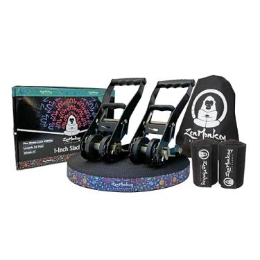Imagem de ZenMonkey Kit Slackline de 2,5 cm com sistema de catraca dupla, correias de dois tons, comprimento de 25 m, protetores de árvores e bolsa de transporte