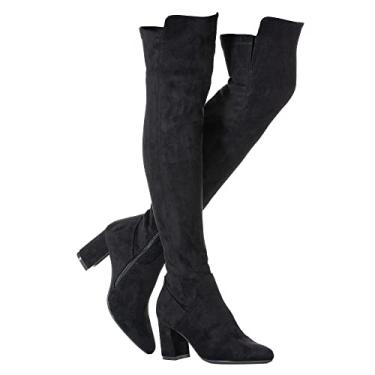 Imagem de N.N.G Botas femininas acima do joelho até a coxa camurça preta bloco baixo 5 cm salto grosso acima do joelho inverno bico fino, PretoSalto 3 Ihch, 40