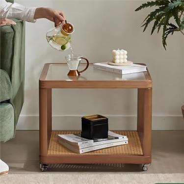 Imagem de Mesa de centro de vidro, mesas de centro pequenas para espaços grandes ou pequenos, mesas de cabeceira de vime, mesa central de 2 camadas com comprimento ajustável, para sala de estar, quarto