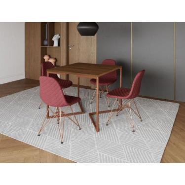 Imagem de Mesa Jantar Industrial Base Cobre V 90cm Quadrada Amêndoa C/ 4 Cadeira