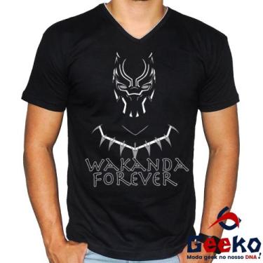 Imagem de Camiseta Wakanda Forever 100% Algodão Pantera Negra Geeko, Preta gola 