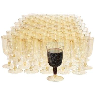 Imagem de MATANA 100 elegantes taças de vinho de plástico rígido transparente com glitter dourado (170 g) - resistentes e reutilizáveis - aniversários, casamentos, Natal, celebrações de Ano Novo, churrasco,