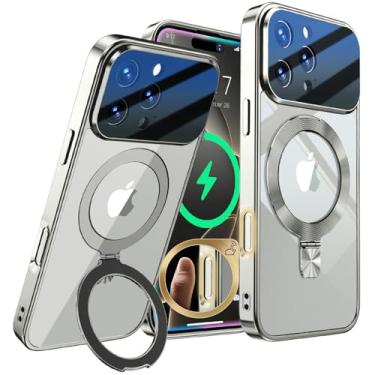 Imagem de [Proteção total da lente da câmera + anel de CD compatível com suporte MagSafe] Capa magnética para iPhone 15 Pro, proteção contra quedas de nível militar galvanizada, não amarela, capa transparente