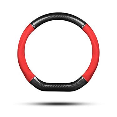 Imagem de Ergocar Capa de volante de carro antiderrapante protetor de volante esportivo em forma de D de fibra de carbono e couro PU universal para diâmetro de 38 cm (15") (preto-vermelho)