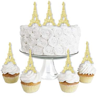 Imagem de Big Dot of Happiness Torre Eiffel com glitter dourado - Toppers de cupcake de sobremesa sem bagunça - Palitos transparentes para chá de bebê ou festa de aniversário com tema de Paris - Conjunto de 24