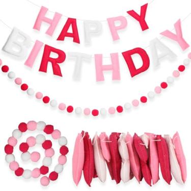 Imagem de Faixa rosa de feliz aniversário - guirlanda de bola de feltro - Guirlanda de feliz aniversário sinal de feliz aniversário para decoração de aniversário, decoração de festa, adereço de foto