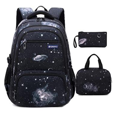 Imagem de MITOWERMI Mochilas infantis para meninos e meninas com lancheira Galaxy Space, #02 Galaxy-preto, 19 x 32 x 48 cm / 7.4 x 12.5 x 18.8 inches, Conjunto de 3 mochilas