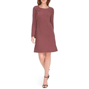 Imagem de Tommy Hilfiger Vestido feminino de manga comprida assimétrico com gola xeque-mate, carmesim/preto, 44
