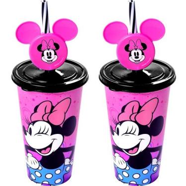 Imagem de 2 Copos Orelhas Minnie Rosa 500ml Estampado para Café Refrigerante Suc