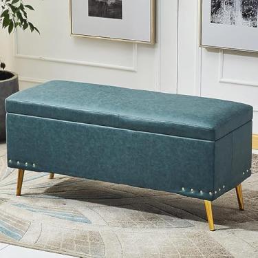 Imagem de Banqueta para pés otomana de couro sintético macio, decoração retangular moderna para móveis, bancos multifuncionais, banco de armazenamento luxuoso, verde, 80 x 40 x 45 cm (31 x 16 x 18 polegadas)