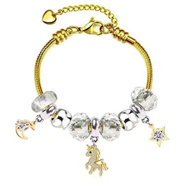 Imagem de Pulseira Pandora Unicórnio Ideias de Presente para Meninas Adolescentes Ajustável 17 a 21 cm, 8.3 inches, Vidro