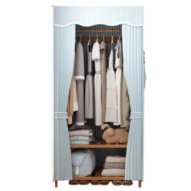 Imagem de Guarda-roupa Novo armário de guarda-roupa duplo reforçado engrossado madeira maciça pendurado guarda-roupa borla listra azul oxford pano tecido armário armário