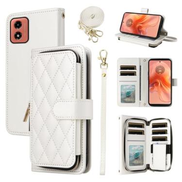 Imagem de Furiet Argyle Capa carteira para Motorola Moto G04/G04s/G24/E14 4G com alça de pulso, alça de ombro, 9+ compartimento para cartão, bolsa com zíper, luxuosa, couro PU, suporte para celular para GO4 G