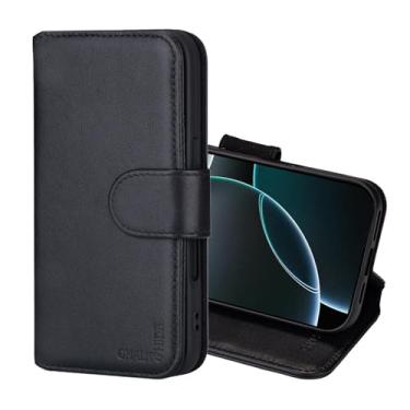 Imagem de CHALK & HIDE - Capa flip carteira de couro real para iPhone 16 Pro (6,3 polegadas), com compartimento para cartão com bloqueio RFID, fecho magnético e suporte embutido - preta