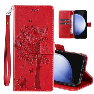 Imagem de Capa carteira para Samsung Galaxy S25 para mulheres e homens, couro PU árvore gato flores em relevo alça de pulso slots para cartão bolso suporte flip capa protetora para celular para Samsung Galaxy