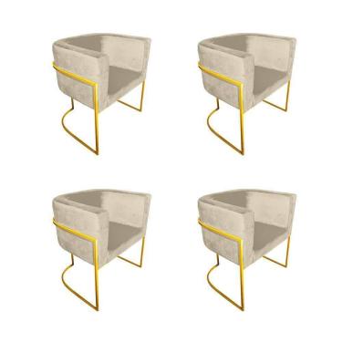 Imagem de Kit 4 Poltronas Decorativa Sala De Estar Base De Ferro Dourada Veludo Bege