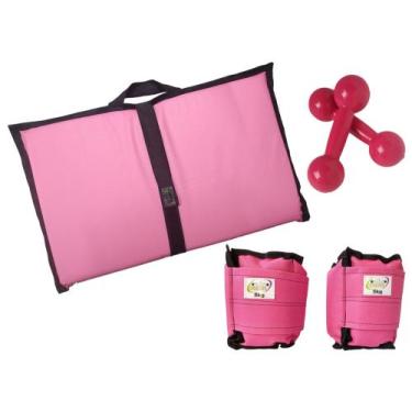 Imagem de Kit Tornozeleira 5KG Nylon Rosa + Halteres 5KG Rosa + Colchonete Dobra