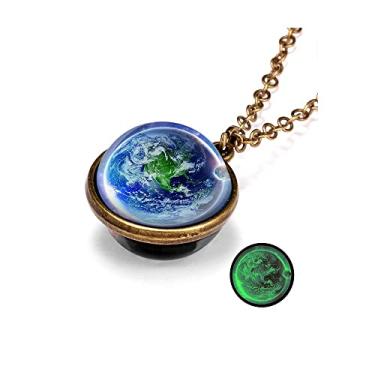 Imagem de Colar com pingente de planeta galáxia que brilha no escuro duplo lado bola de cristal lua terra astronomia universo colar luminios pedras preciosas colar para mulheres homens amigos presente, Vidro, Sem Pedra Preciosa