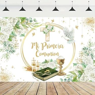 Imagem de Fundo fotográfico Mi Primera Comunion Flor branca pombas My First Communion decoração pano de fundo folhas verdes cruz God Bless fundo recém-nascido chá de bebê banner (18,8 x 1,5 m)