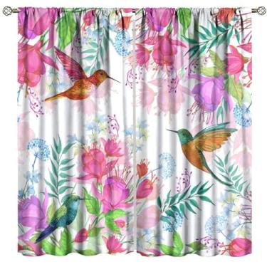 Imagem de Cortinas florais de primavera beija-flor, flor rosa, aquarela, borboleta, beija-flor, natureza, estampa para janela, para quarto, sala de estar, cozinha, decoração, conjunto de 2 painéis, decoração de