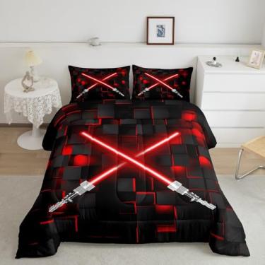 Imagem de Feelyou Conjunto de edredom infantil vermelho e preto, com sabre de luz, para meninos e adolescentes, tecnologia do futuro, conjunto de edredom geométrico, decoração de quarto