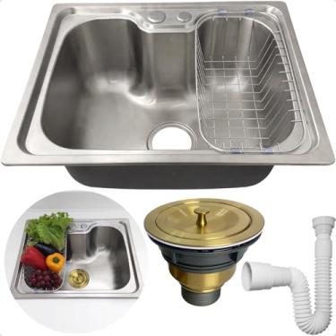 Imagem de Dona D Cor, Cuba Inox 304 Cozinha Gourmet 50x40 Sobrepor Pia Bancada Com Cesto Escorredor Valvula Higienica Dourada E Sifão Flexivel Universal