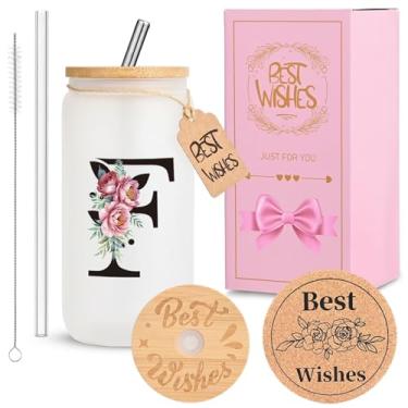 Imagem de HWJH Copo de vidro inicial personalizado para mulheres - Copo de vidro à prova de vazamento de 473 ml com tampa e canudos, conjunto de presente com monograma, copo reutilizável fosco fosco para café,