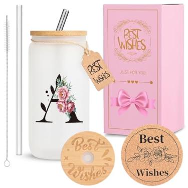 Imagem de Copo de vidro inicial personalizado para mulheres, copo de vidro HWJH de 473 ml com tampas e canudos, conjunto de presente monogramado, copo reutilizável fosco com caixa de presente e porta-copos de