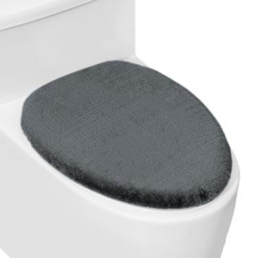 Imagem de Tampa de vaso sanitário de pelúcia macia para banheiro, capas de assento de vaso sanitário laváveis na máquina, cabe na maioria das tampas alongadas e oblongas, fácil instalação e limpeza (cinza