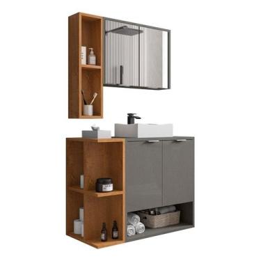 Imagem de Kit Gabinete Banheiro Armário + Cuba + Espelheira com Puxador em Alúmi