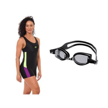 Imagem de Kit Macaquinho Hidroginástica + Óculos Natação Uv+ Antiembaçante (Preto/Amarelo/Roxo Óculos - Preto, P)