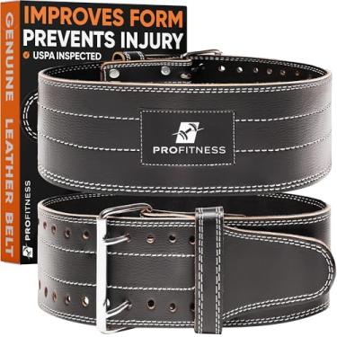 Imagem de ProFitness Cinto de treino de couro genuíno (10,16 cm de largura) – Forma adequada para levantamento de peso – Suporte inferior das costas para agachamentos, levantamento de peso (preto/branco, GG 106,68 cm a 124,5 cm (tamanho da cintura não da calça))