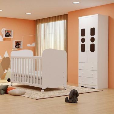 Imagem de Quarto de Bebê Guarda-roupas 3 Portas Janeladas e Berço Minicama 100% Mdf Yaya Espresso Móveis Branco Brilho