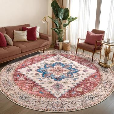 Imagem de Ciicool Boho Tapete de área lavável 1,8 x 1,8 m redondo tapete de quarto antiderrapante oriental tapete de piso de pelo baixo para sala de jantar, sala de estar