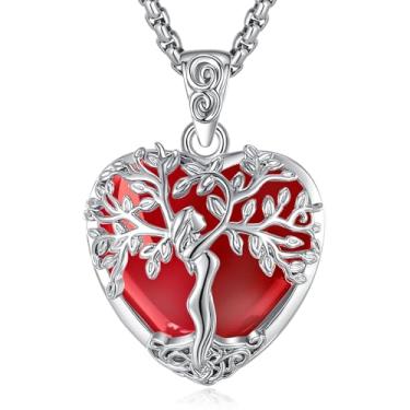Imagem de EUDORA Colar de rubi criado com coração árvore da vida para mulheres, cobre banhado a prata, pingente de árvore da deusa mãe, joia de cristal vermelho, presentes de meditação de ioga para mulheres