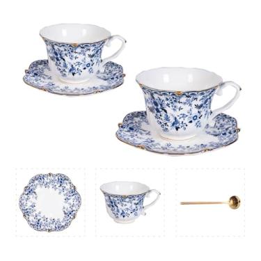 Imagem de Conjunto de xícara de chá e pires de porcelana floral vintage com colher, acabamento dourado, 181 g - conjunto de 2, azul - xícaras de chá e café expresso e café (2, flor da China)